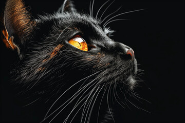 Portrait of a black cat with big beautiful golden eyes isolated on a dark background. 
