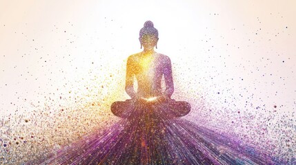 Fototapeta premium Buddha, portrayed with a network of glowing lines and dots that connect to form the figure, set on a pure white background.