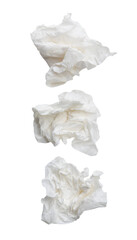 Top view set of screwed or crumpled white tissue paper ball isolated on white background with clipping path