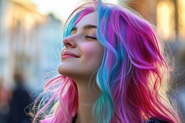 Naklejka premium A person with bright colored hair gazing up, possibly in awe or contemplation
