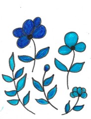 Blue flowers and leaves hand drawing and painting with markers