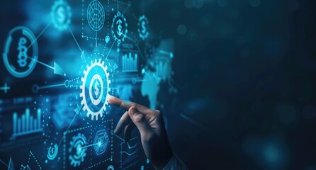 Digital Finance: Hand Interacting With Cogwheel Gear and Currency Symbols