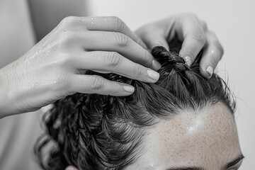Naklejka premium Close up of hairstylist attentively working on clients hair, showcasing intricate braiding techniques and focus on detail. hands demonstrate skill and care in hairstyling