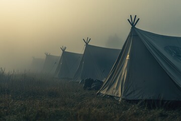 A group of camping tents set up on a lush grassy field, suitable for outdoor and nature-related projects