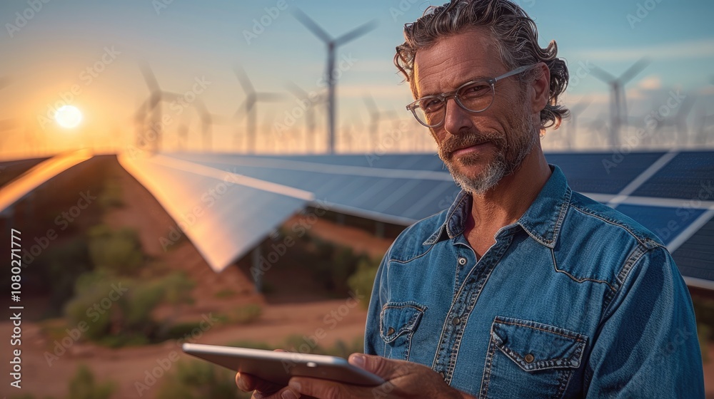 Aufkleber middle-aged man is focused on examining a tablet in his hands, backdrop is an impressive array of so