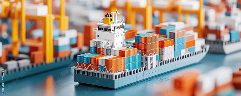 Poster model cargo ship with colorful containers in a shipping dock, white isolated background