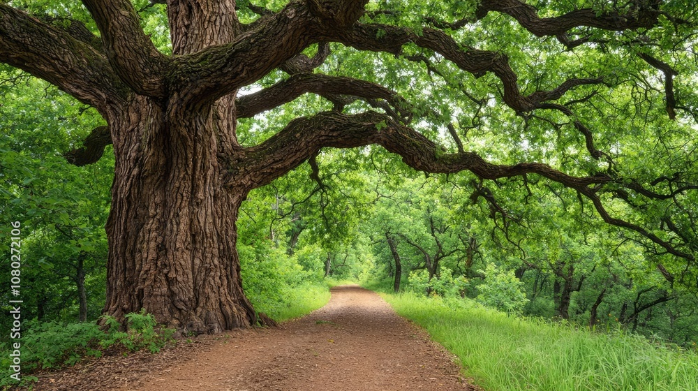 Aufkleber majestic tree with sprawling branches beside a scenic pathway surrounded by lush greenery.