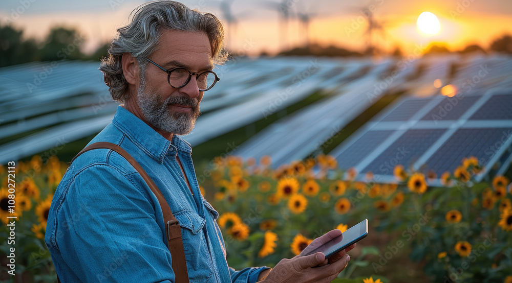 Poster Middle-aged man is focused on examining a tablet in his hands, backdrop is an impressive array of solar panels with wind turbines in the far distance, indicating a focus on renewable energy.
