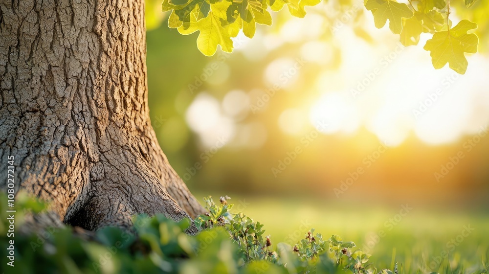 Aufkleber tree trunk with green leaves illuminated by warm sunlight in a serene landscape.