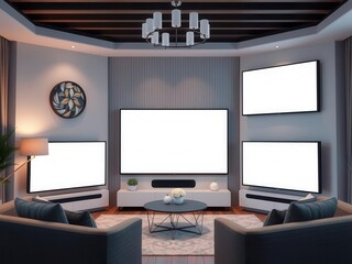 Fototapeta premium A digital living room mockup showcasing a branded website on multiple screens, interior, promotion, living