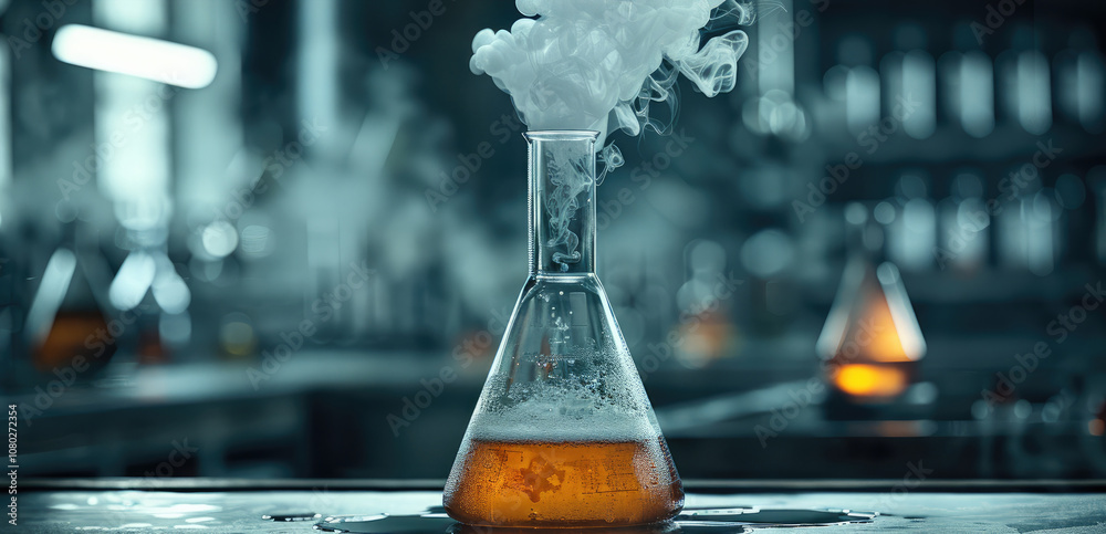 Aufkleber a chemistry flask with bubbling liquid and smoke, set in a laboratory environment with a dark backgr