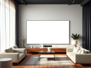 A digital screen displaying a realistic living room mockup with advanced technology integration, smart home, simulation, futuristic