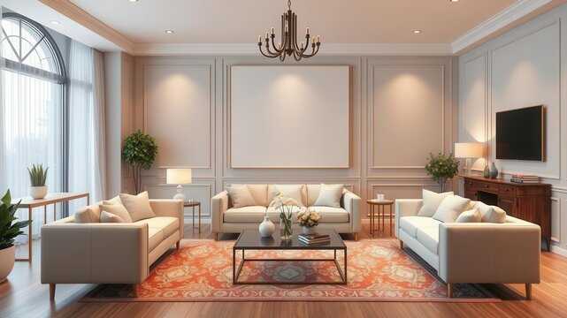 A dynamic living room mockup and template with interchangeable furniture, decor, and lighting, contemporary, modern, lighting