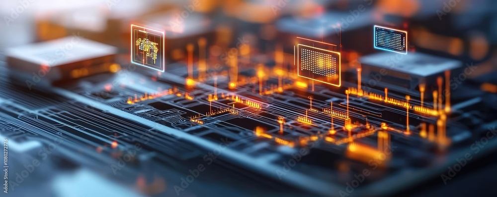 Poster Close-up of a circuit board with glowing elements and digital interfaces