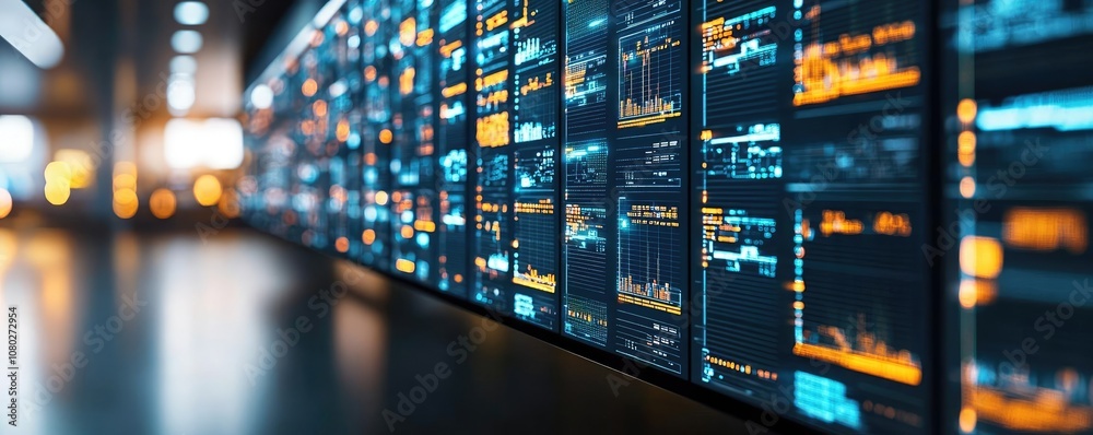 Poster Data visualization interface with vibrant graphs and charts, futuristic design.
