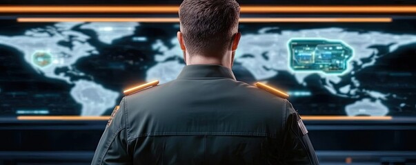 Military officer analyzing global data on a modern digital screen.