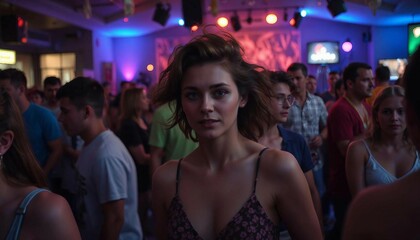 Drunk woman spinning head dizziness at nightclub festival, crowd of people around motion long exposure blurry effect