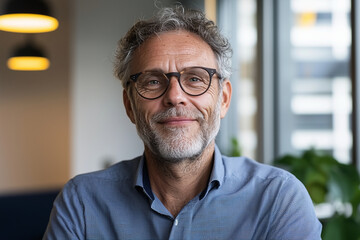 Fototapeta premium close up of professional man with gray hair and glasses, smiling warmly in well lit office environment, conveying confidence and approachability