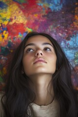 Fototapeta premium A person with long black hair looking up in contemplation