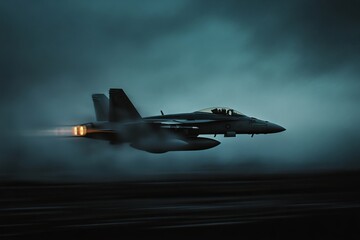 Dynamic capture of a fighter jet in motion at a military base under a dramatic dark sky