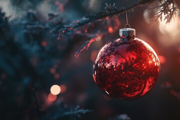 A bright red Christmas ornament hangs from the branches of a decorated tree