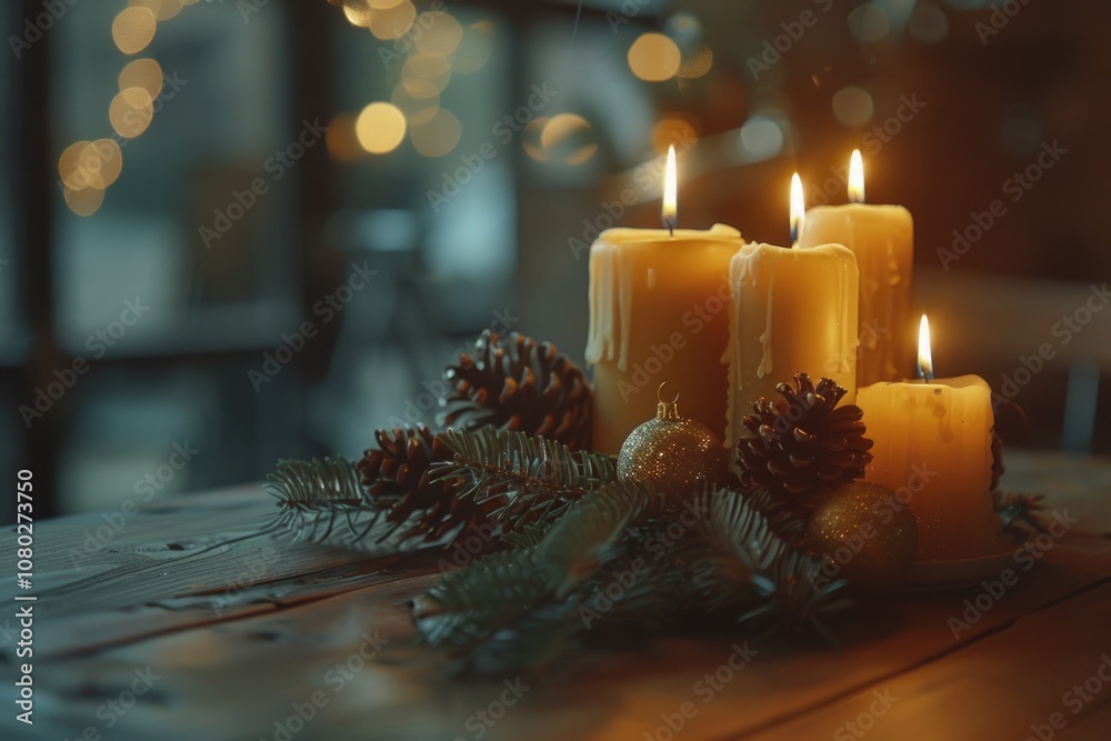 Poster A rustic table setting with three lit candles and pinecones