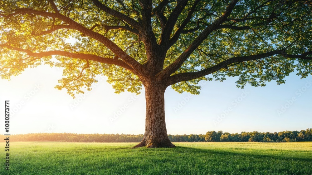 Poster majestic tree standing tall in a sunlit open field, surrounded by greenery.