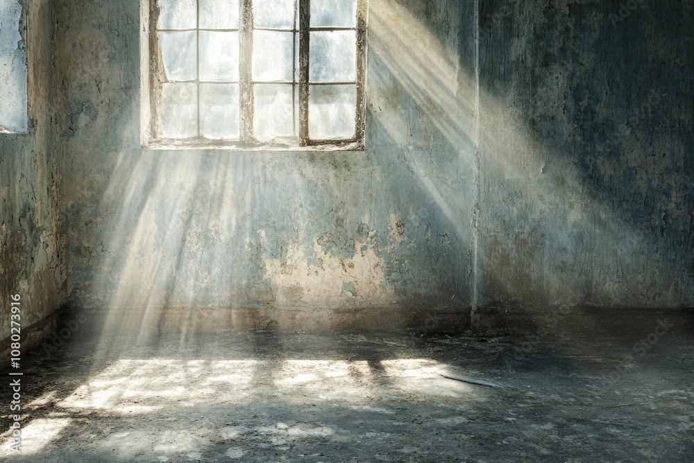 Poster a window in an old building lets sunlight in
