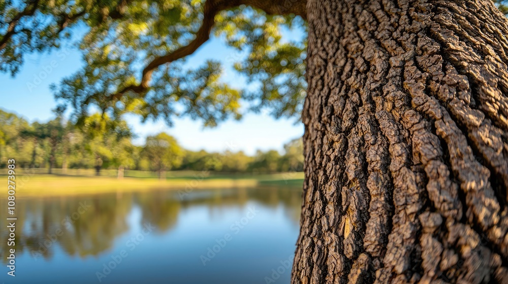 Poster Close-up of tree bark with a serene lake and trees in the background.