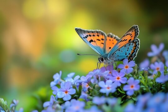 A close-up shot of a butterfly perched on the center of a vibrant purple flower
