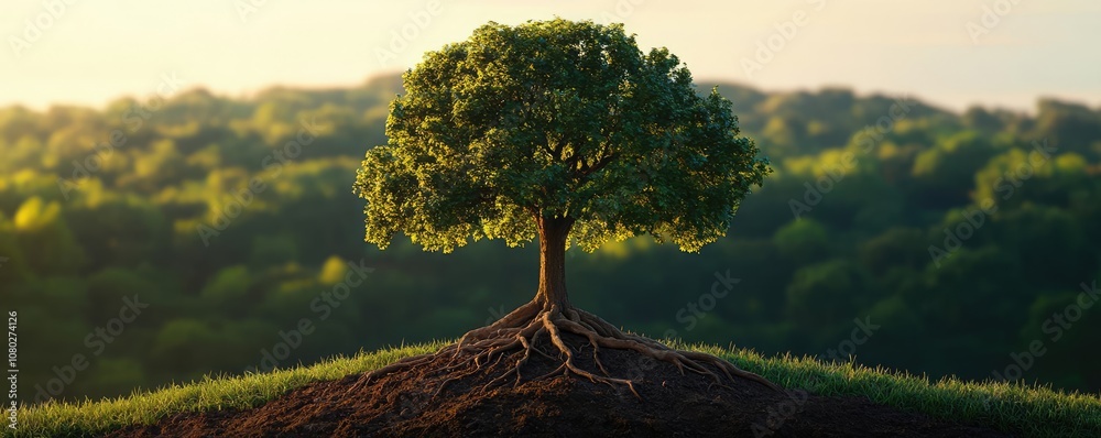 Poster tree with strong roots in a lush green landscape during golden hour.