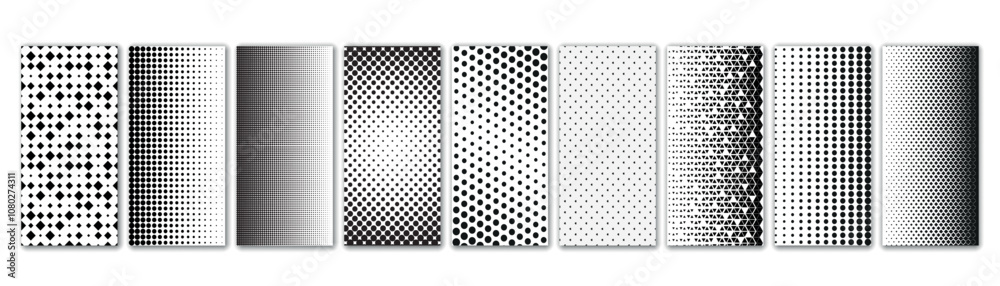 Poster halftone dots pattern. Dotted mosaic, sport textile texture and row holes grid vector background patterns set. Abstract dot gradient halftone pattern illustration