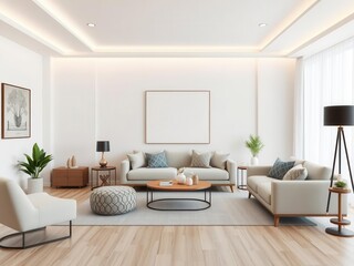 A modern living room mockup showcasing a sleek layout with minimalist furniture and stylish decor, interior design, decor, apartment