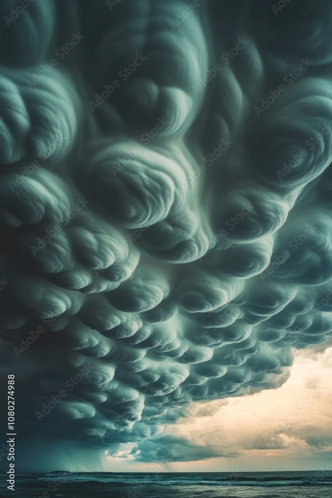 Poster A large cloud formation floating above the calm ocean on a cloudy day