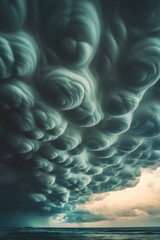 A large cloud formation floating above the calm ocean on a cloudy day
