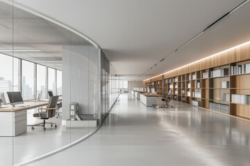 Obraz premium Modern Office Interior with Glass Walls and Wooden Bookcases
