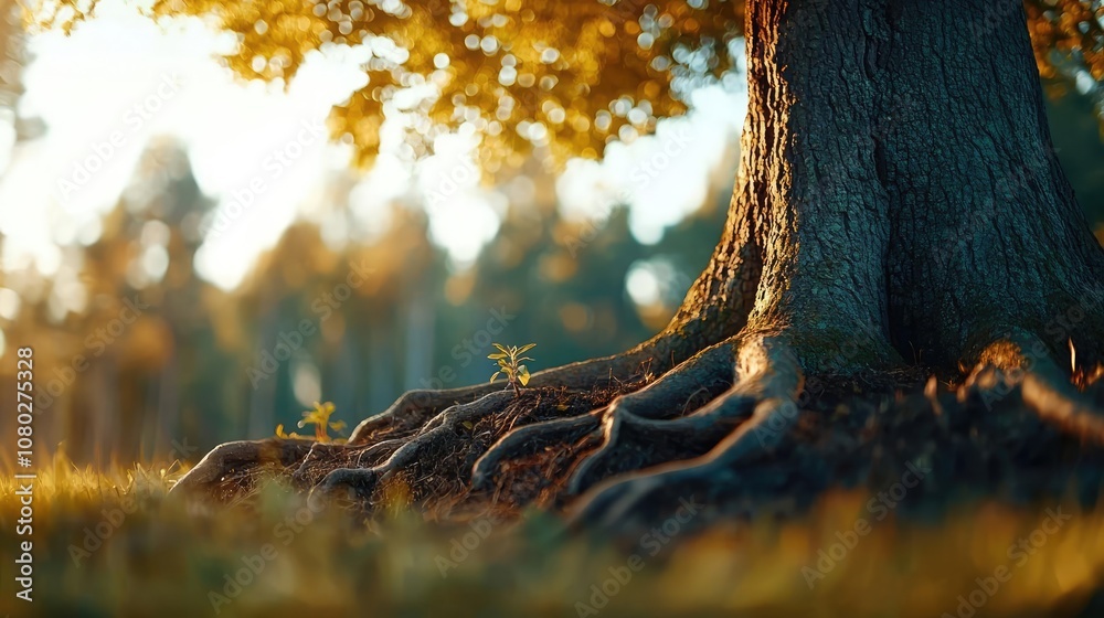 Aufkleber tree trunk and roots in nature with autumn leaves, soft focus green grass background.