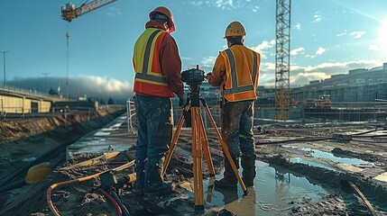 Two surveyors on a construction site, standing next to tripods with measuring equipment, and using tools to measure the landscape. background shows construction in progress, with cranes, scaffolding.