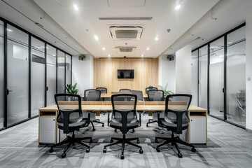 Fototapeta premium Modern Office Interior with a Row of Desks and Chairs