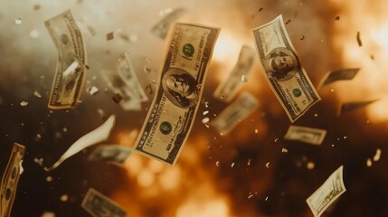 A bunch of money is flying through the air in a fiery explosion