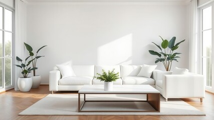 A modern living room mockup with a sleek white sofa, coffee table, and plant decor, ready for a virtual interior design presentation, coffee table, mockup, design presentation