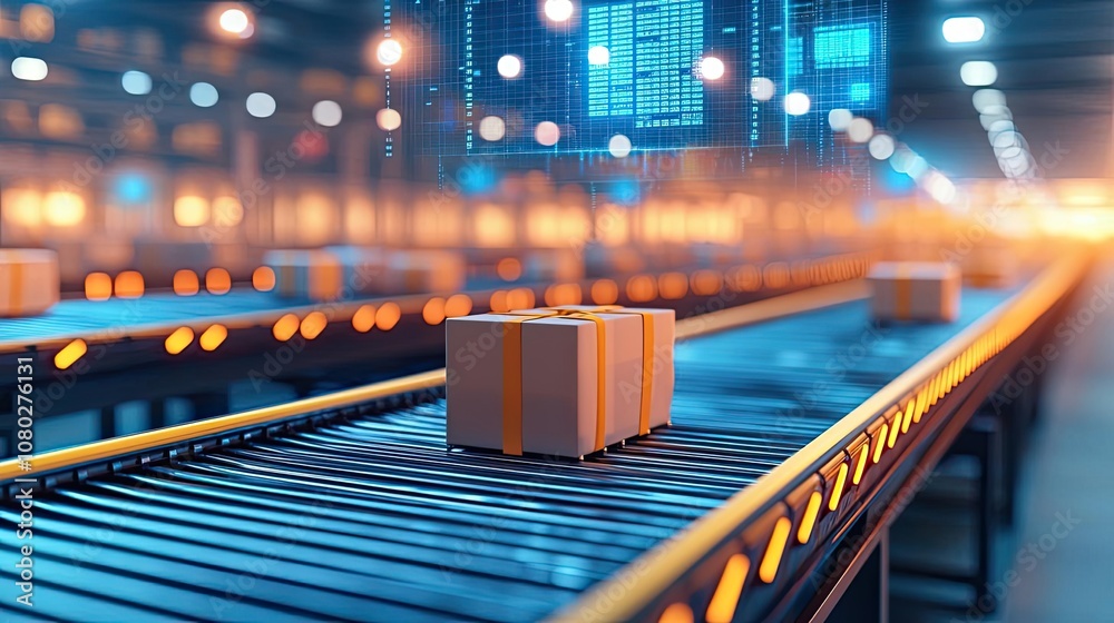 Poster Automated conveyor belt system with cardboard boxes in a modern warehouse setting.