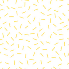 Straight line sprinkles background. Memphis style dash seamless vector pattern. Abstract fabric design. Gold yellow on white.