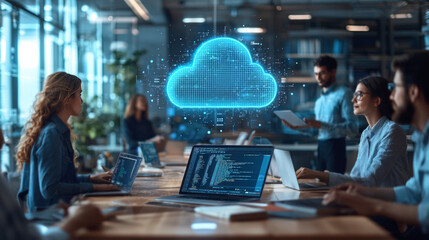 A group of diverse professionals engages in brainstorming and collaboration inside a modern studio, using digital tools and devices to enhance their creative process.