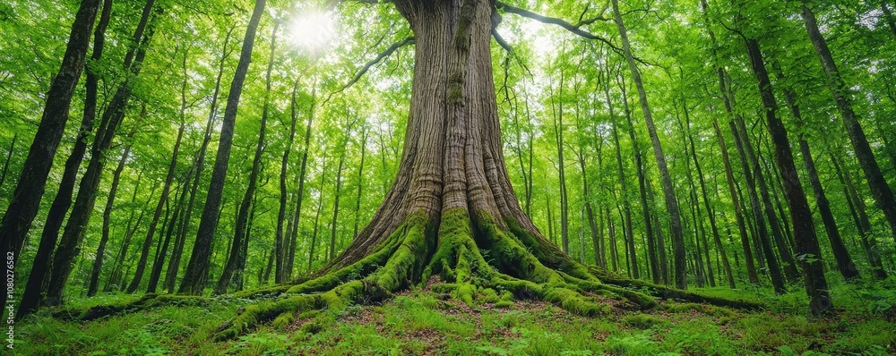 Aufkleber majestic tree trunk in dense green forest with sun rays filtering through leaves.