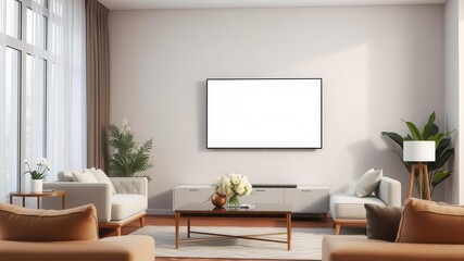 A modern living room setup with a mockup TV screen displaying a template design, emphasizing the perspective of the viewer, perspective view, modern, digital
