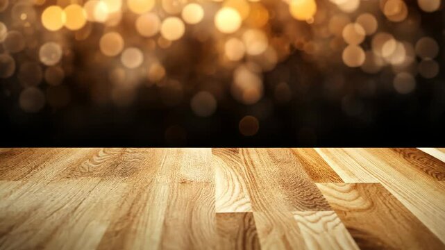 A wooden surface with a blurry golden background