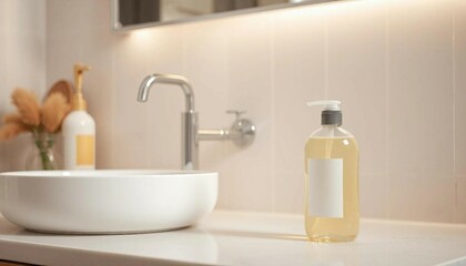 Body wash bottle on bathroom counter