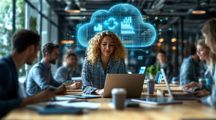 A diverse group of business professionals is engaged in collaborative work in a stylish office.