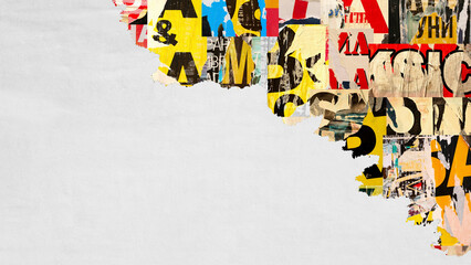 Collage of many numbers and letters ripped torn advertisement street posters grunge creased...